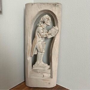 Wooden Hand Carved Man w/ Sleeping Cap Reading Books Wall Art Relief Carving 23"